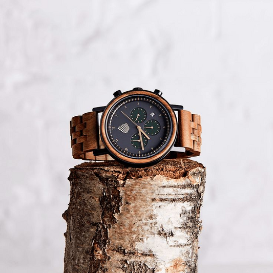 Luxury watch with recycled metal case and vegan strap symbolizing sustainable and eco-conscious horology.